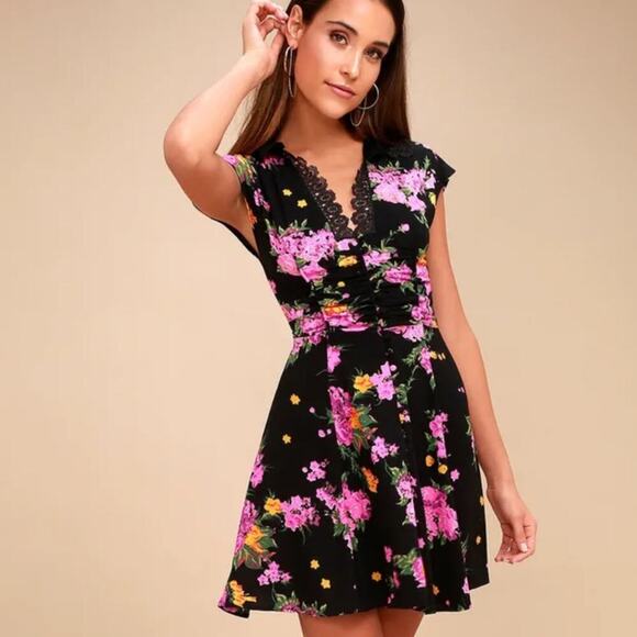 Free People Alora Black Floral Print Mini Dress - Picture 1 of 14
